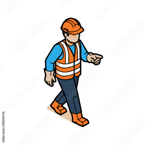 Construction worker in hard hat and safety vest pointing forward.