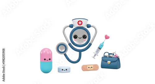 Healthcare Essentials with Cute Face: A charming collection of healthcare essentials, each with an adorable face, promoting health and wellness with a touch of whimsy and delight.