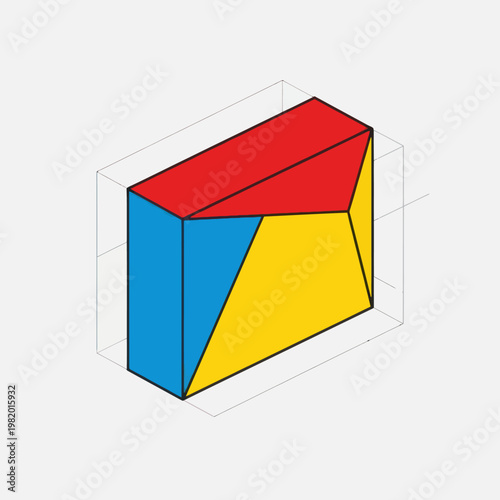 Abstract geometric shape with red, yellow, and blue facets.