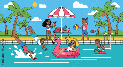 Diverse group of people enjoying summer vacation at a sunny outdoor pool party