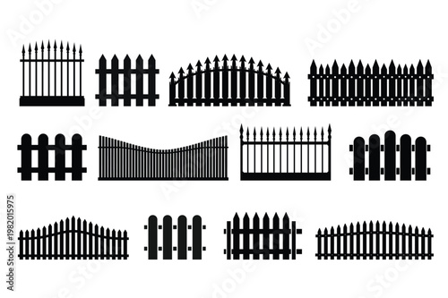 Set of Twelve Black Fence and Gate Silhouette SVG Icons Including Iron Spear Railing, Wooden Picket, Arched Gate, Round Top and Curved Fence Designs Isolated on White Background