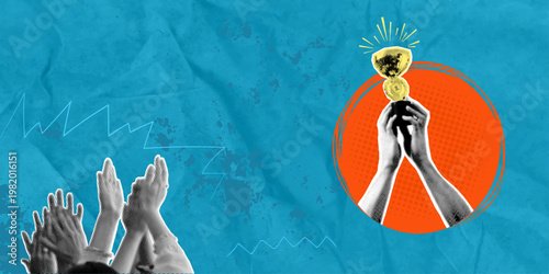 A surreal pop art collage, executed in halftone, depicts a hand holding a trophy and other hands reaching for it. Concept of victory. Vector illustration with space for text.