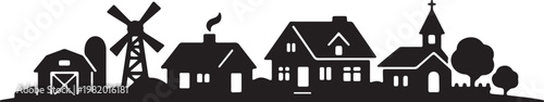 A black and white illustration of a rural village Vector