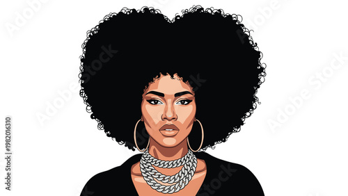 beautiful black woman with a large afro hairstyle wearing gold hoop earrings and heavy silver chains on white.