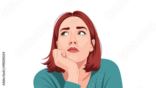 concerned young woman with red hair resting her chin on her hand and looking up with a worried facial expression.