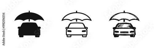 Car Insurance and Vehicle Protection Umbrella Icon Set