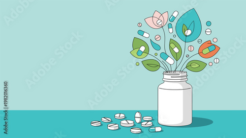 creative illustration of a white pill bottle with colorful medicinal capsules and green leaves growing out of it.