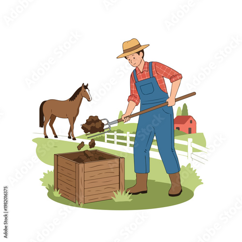A farmer in overalls uses a pitchfork to toss manure into a wooden compost bin