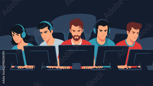 Group of professional esports players wearing headsets focus intensely on their computer monitors during a competitive video game tournament session.