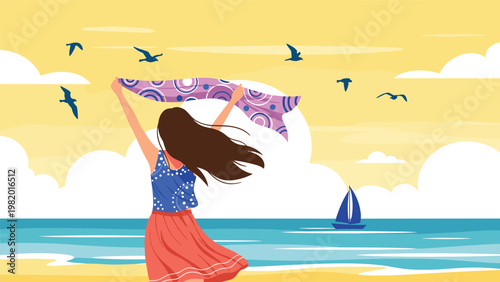 Woman seen from behind stands on a sandy beach and holds a purple patterned scarf in the wind while seagulls fly over the blue ocean waves.