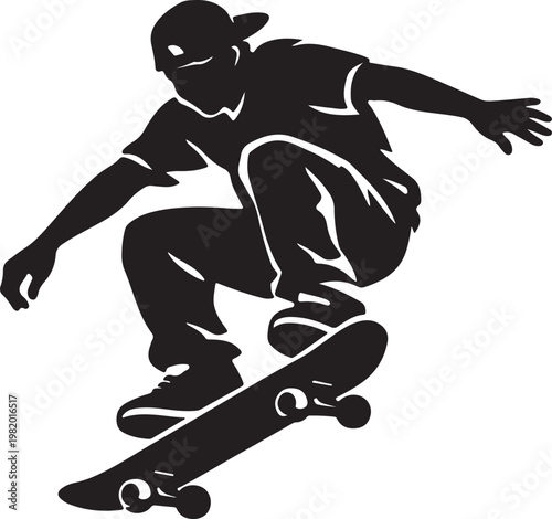 A black silhouette of a skateboarder performing a trick Vector