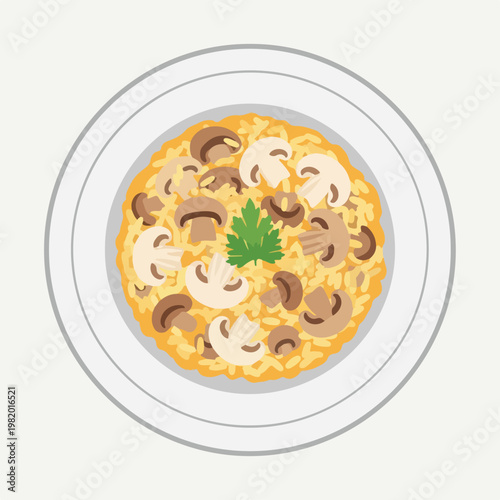 A flat vector illustration of a plate of mushroom risotto topped with parsley