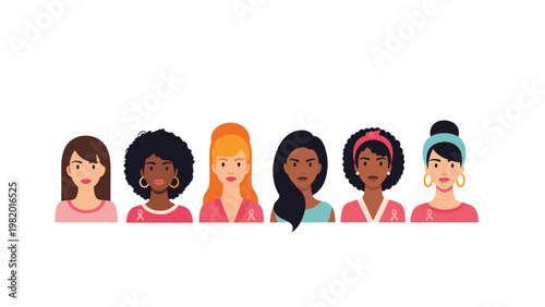 Row of six diverse women portraits with different skin tones and hair styles wearing pink tops for breast cancer awareness month support.
