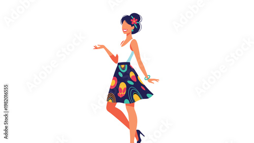 Stylish young woman with a flower in her hair poses confidently while wearing a white tank top and a colorful patterned mini skirt.