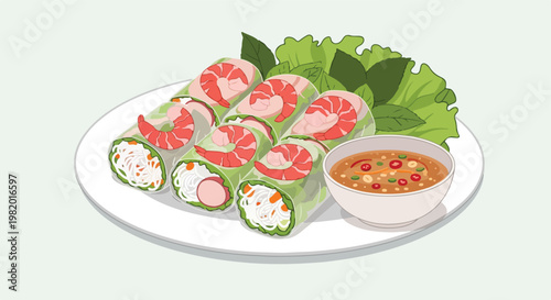 A plate of fresh shrimp spring rolls served with dipping sauce and green herbs