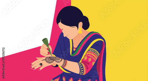 An Indian woman in traditional clothing applying intricate henna to her own hand