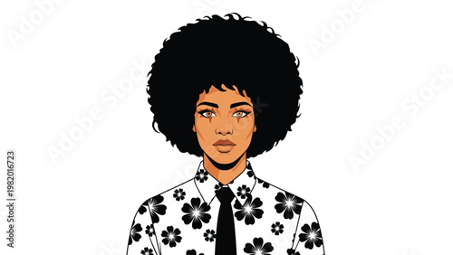 Portrait of a beautiful Black woman with an afro hairstyle and floral shirt represents natural beauty and proud cultural identity.