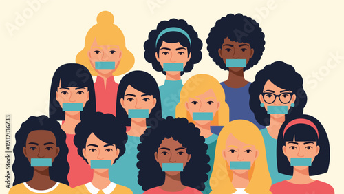 Diverse group of women with blue tape over their mouths stands together to protest against censorship and gender inequality.