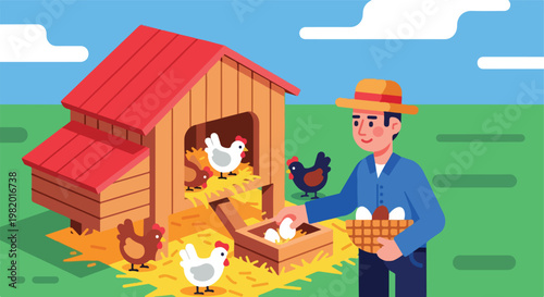 A farmer collecting fresh chicken eggs from a wooden coop in a green field