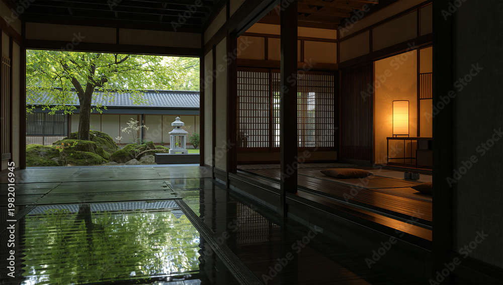Fototapeta premium 新緑の庭を前に静かな時間を感じる縁側の和空間風景