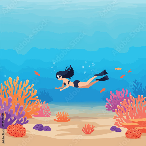 A person in a bikini wearing a mask and flippers swims underwater near coral reefs