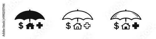 Comprehensive Insurance Icon Set - Umbrella Protecting Home Finance and Health