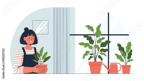 Young woman with black hair carefully tends to her indoor plants by a bright window to create a relaxing home garden environment.
