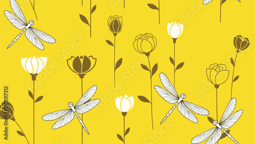 Elegant pattern of yellow flowers and white dragonflies on a bright yellow background brings a feeling of a sunny summer garden.