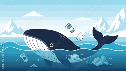 Large whale swims in a polluted ocean with plastic trash and a medical mask to highlight environmental problems and sea pollution.