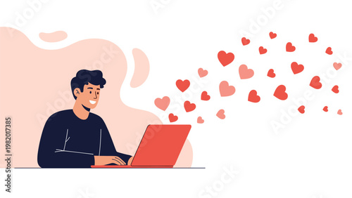 Happy man uses a laptop while hearts float from the screen to symbolize online dating success or staying connected with loved ones.