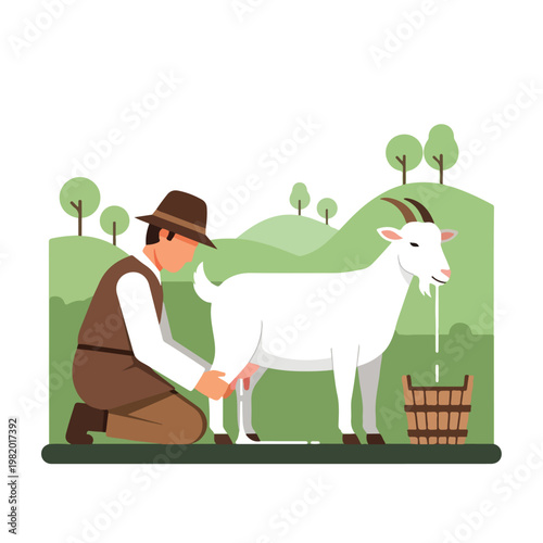 A farmer kneeling on green grass milks a white goat into a rustic wooden bucket