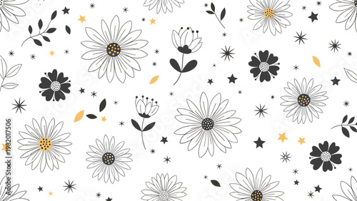 Delicate pattern of hand-drawn daisies and flowers in black and gold colors with small stars on a white background.