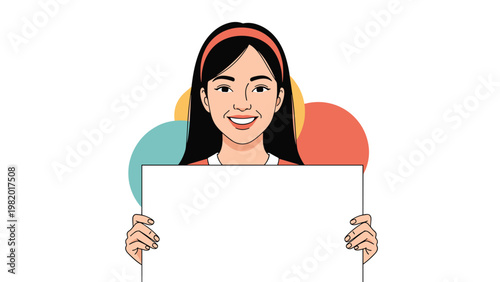 Happy young woman with long black hair holding a large blank white board for text or advertisement against a colorful backdrop.