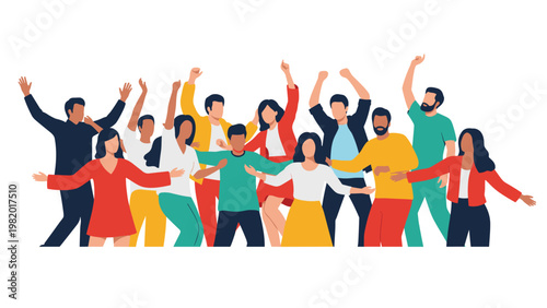 Large diverse group of people in colorful clothing celebrating and dancing together against a plain white background.