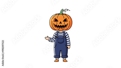 Spooky halloween character with a jack-o-lantern pumpkin for a head wearing blue denim overalls and a striped shirt.
