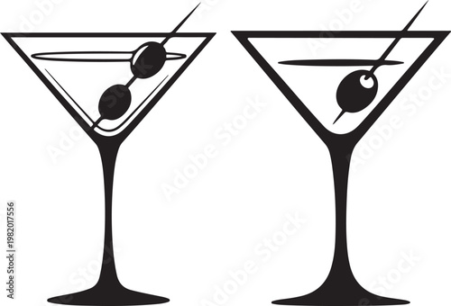 Classic martini cocktail with olives on a skewer in a glass