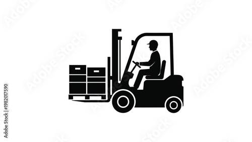 A silhouette of a man driving forklift.