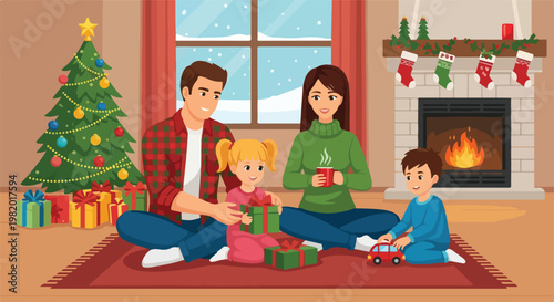 A happy family sits on a rug in front of a fireplace exchanging Christmas gifts