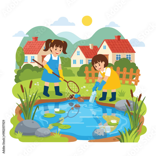 Two young girls cleaning litter and plastic trash from a pond in a village park