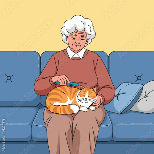 An elderly woman sits on a blue couch, brushing her relaxed ginger tabby cat