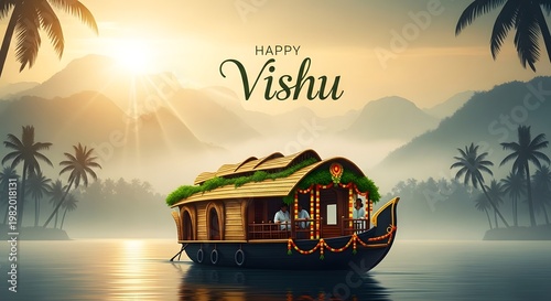 Vishnu festival greeting a kerala houseboat at sunrise