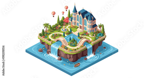 A whimsical floating island features a majestic blue-roofed castle surrounded by lush gardens, twin cascading waterfalls, and vibrant hot air balloons.