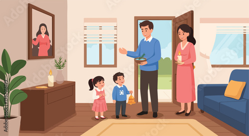 A family stands in their living room holding a holy water bowl, bell, and candle