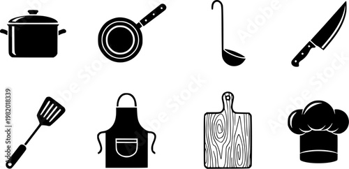 Cooking Utensils Icon Set Featuring Black Silhouette Chef Hat Apron Pot And Essential Food Preparation Tools