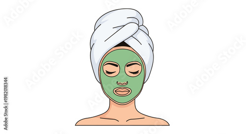 A serene woman wearing a vibrant green cosmetic facial mask and a pristine white towel wrapped around her hair is depicted in a clean minimalist style.