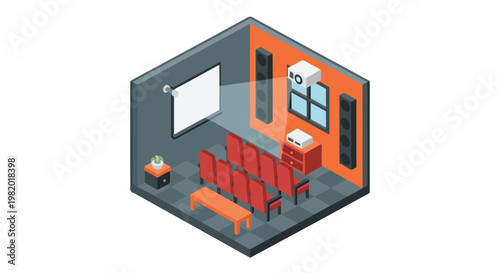 Isometric illustration of a small home cinema room with screen and seating area