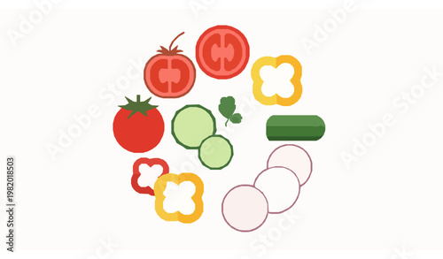 Vegetable salad label circle flat vector with chopped tomato pepper cucumber onion organic food