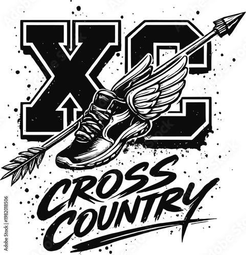 Картината върху платно XC Cross Country Bold Varsity Letters with Winged Running Shoe Arrow and Ink Spl