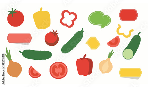 Colorful vegetable label elements flat cartoon vector with tomato pepper cucumber onion salad set