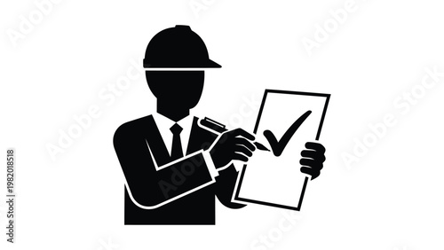 Businessman in hard hat checking document.